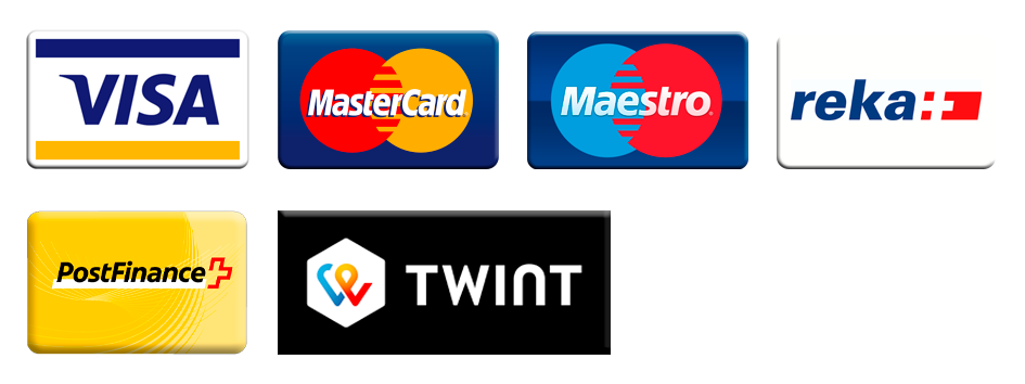 Akzeptierte Zahlungsmittel VISA, Mastercard, Rekachecks & Karte, Maestro, Postfinance, Twint