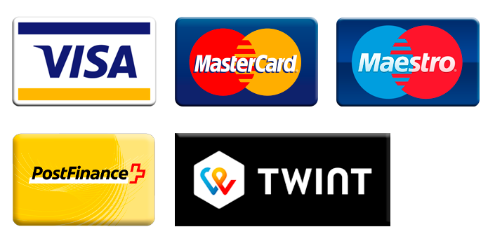 Akzeptierte Zahlungsmittel VISA, Mastercard, Rekachecks & Karte, Maestro, Postfinance, Twint